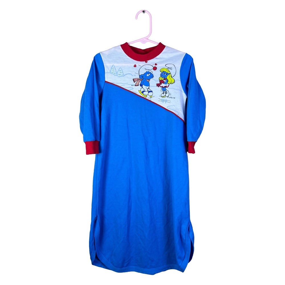 Vintage 1982 Smurfs Ice Skating Nightgown Blue Red Girls JCPenney 80s Retro